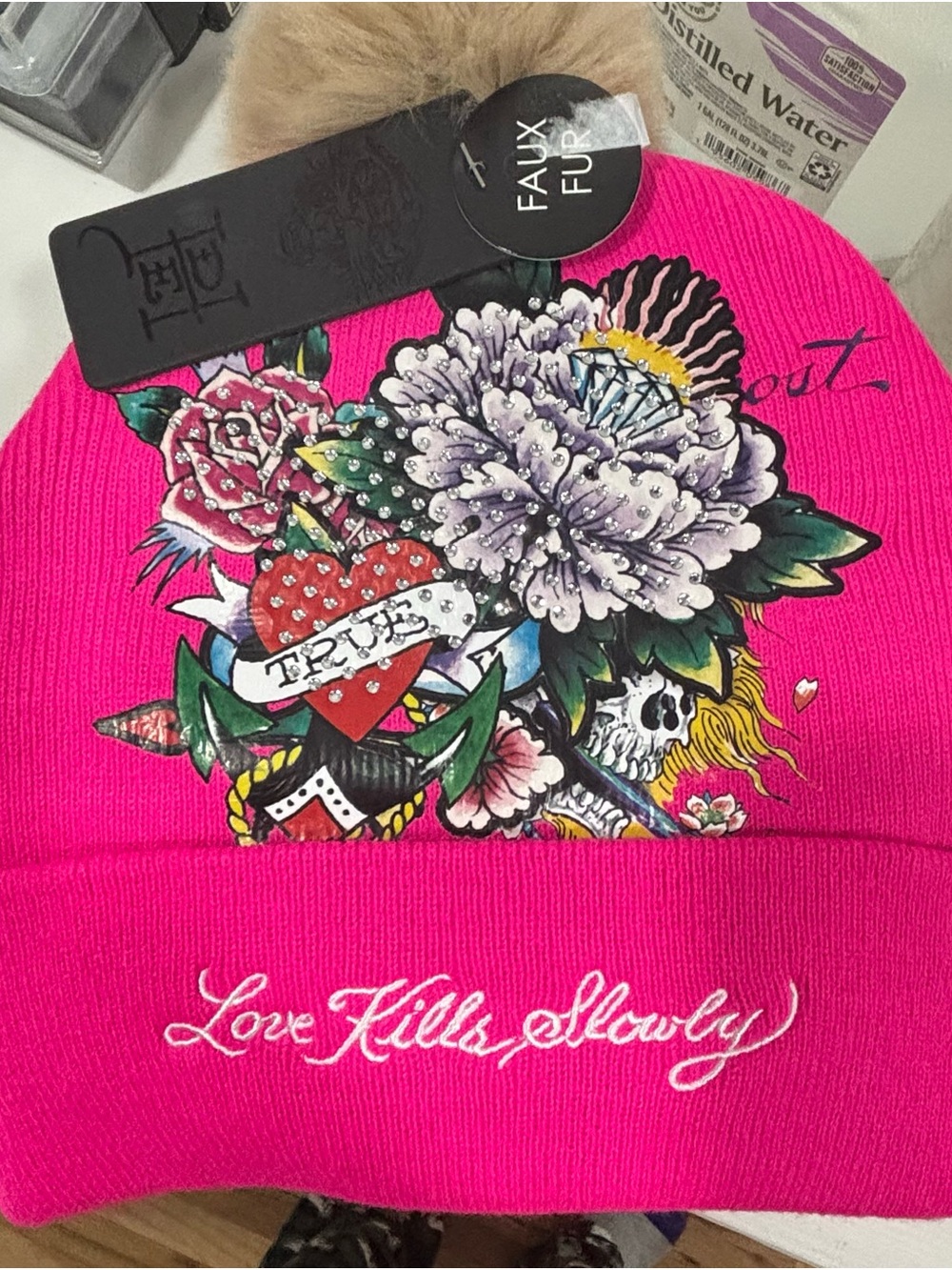 Ed Hardy Love Kills Slowly Faux Fur Pom Beanie - Pink Floral Graphic